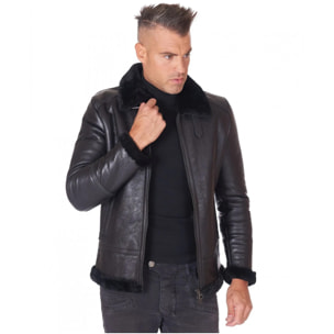 Montone Shearling nero biker uomo collo camicia con fibbia