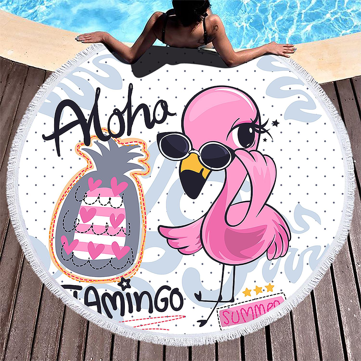 Toalla redonda 150cms 205 GSM. Diseño Aloha Flamingo.