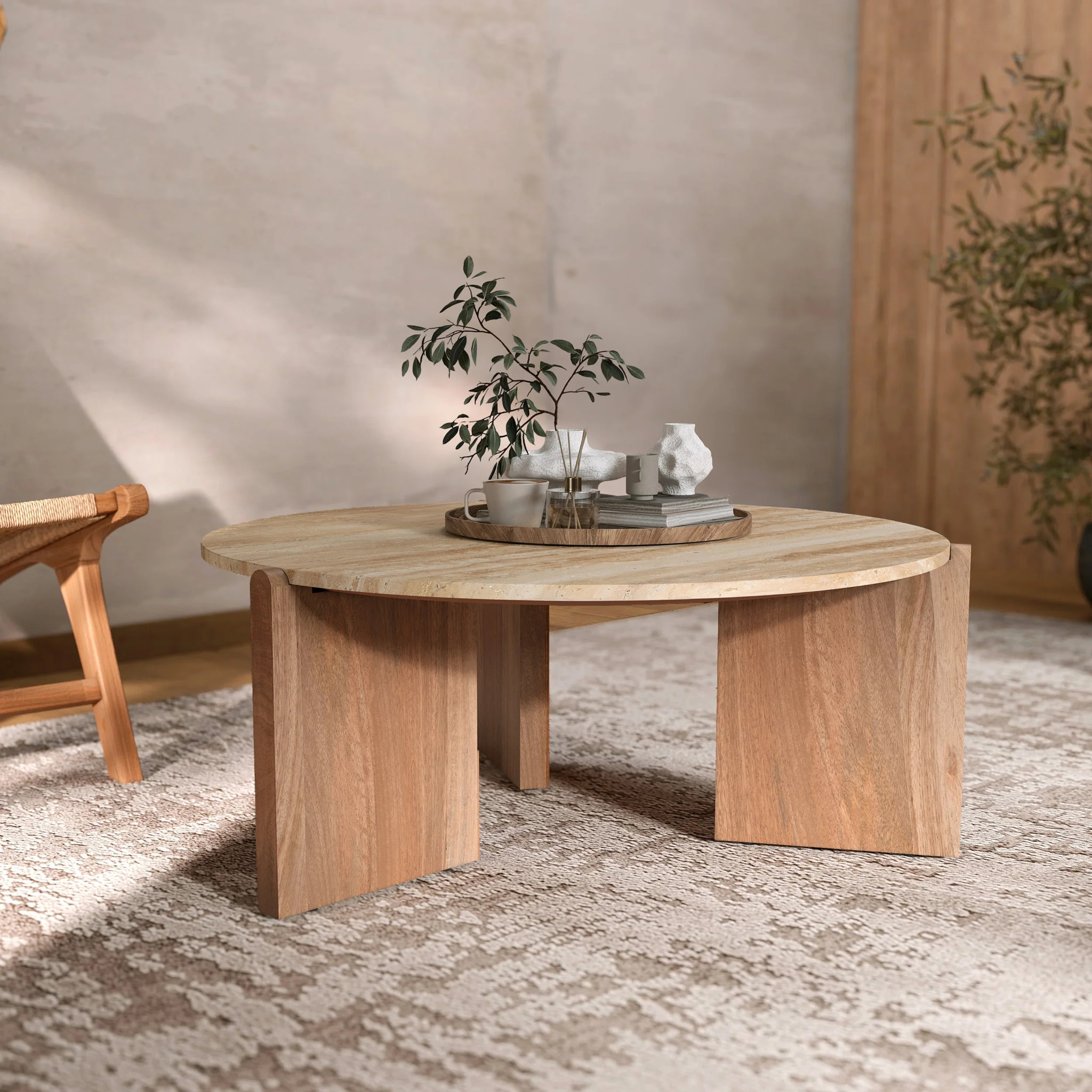 Table basse en travertin et bois D85 cm - Sierra