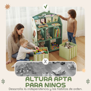 Estantería Infantil para Juguetes con Cajones de Tela, Estantes Abiertos, Diseño de Ositos, Organizador de Juguetes para Dormitorio, Sala de Juegos, Guardería, Verde