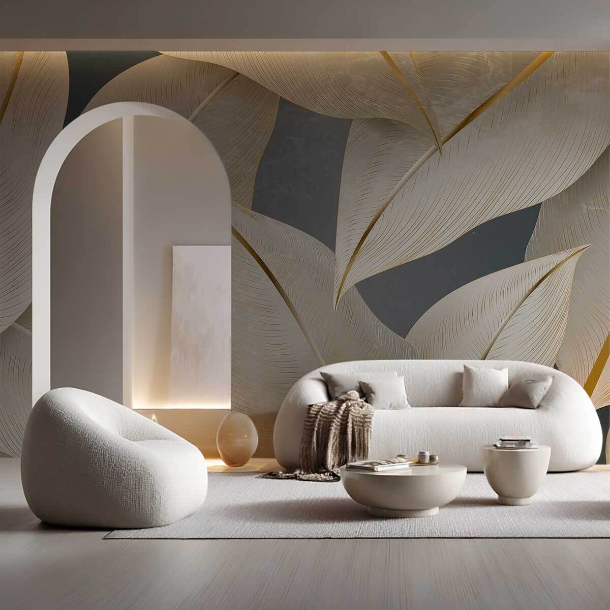 Papier peint feuillage doré élégant fond gris minéral Intissé