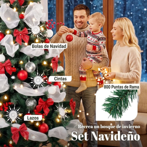 HOMCOM Árbol de Navidad con 200 LED Blanco Cálido 180 cm Árbol de Navidad Predecorado, 800 Ramas Abatibles, 8 Modos, Bolas, Cintas, Lazos, Mando, Base Metálica Plegable, Funciona con USB, Verde y Rojo