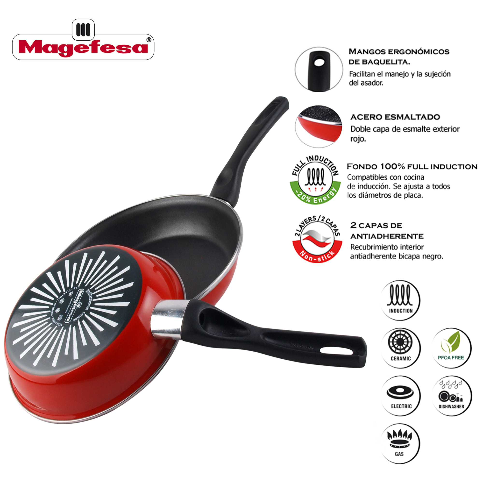 Magefesa GRANA set 3 sartenes (18,20,24), acero esmaltado vitrificado, en rojo, inducción y lavavajillas
