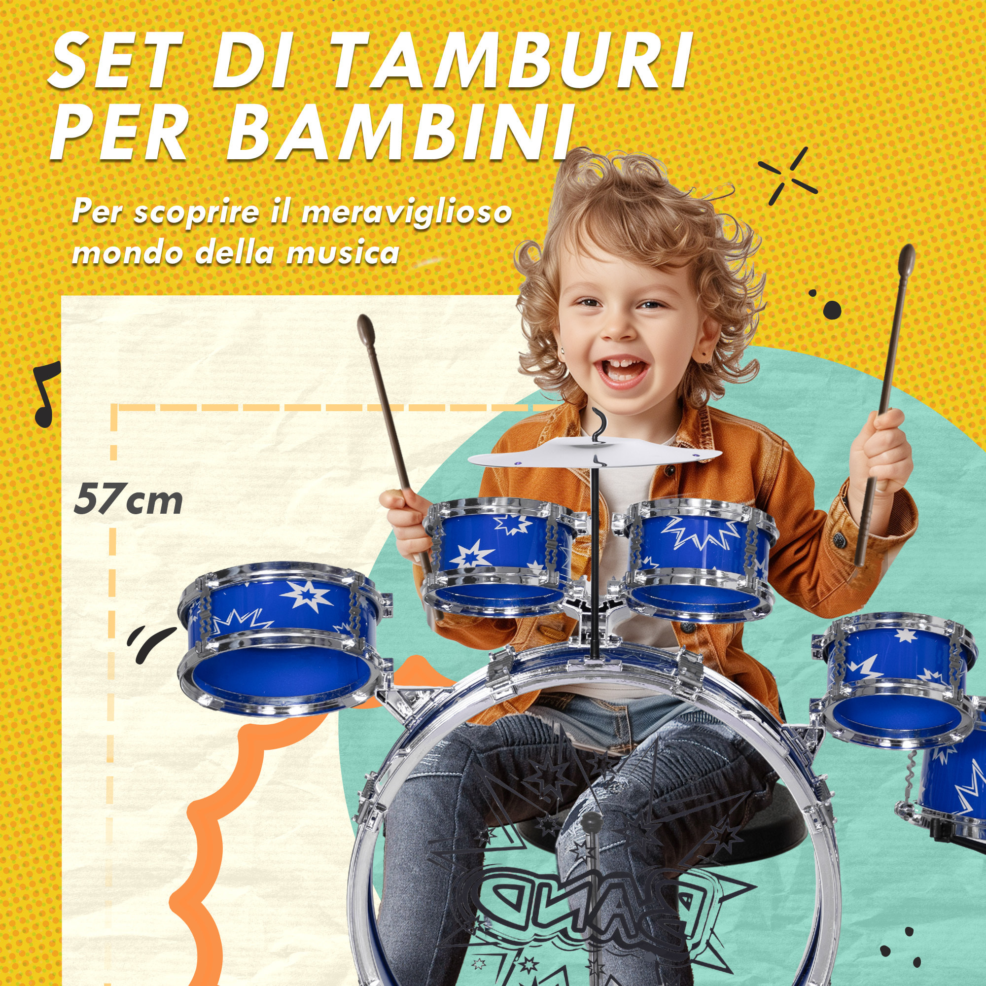 AIYAPLAY Set Batteria per Bambini con Grancassa con Pedale, Tamburi, Piatto e Sgabello, Età 3-6 Anni, Blu