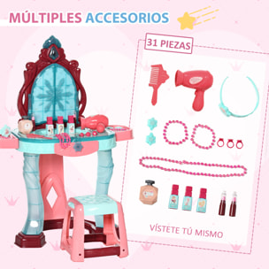 Tocador de Juguete para Niñas de +3 Años con Taburete Espejo Luz Música y Secador Incluye 31 Accesorios Tocador de Maquillaje 57x34x76 cm Multicolor