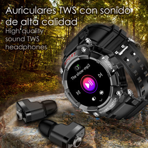 Smartwatch T96 con cuffie TWS integrate. Riproduzione musicale dallo smartwatch stesso e dall'esterno. Funzioni sportive e salute.