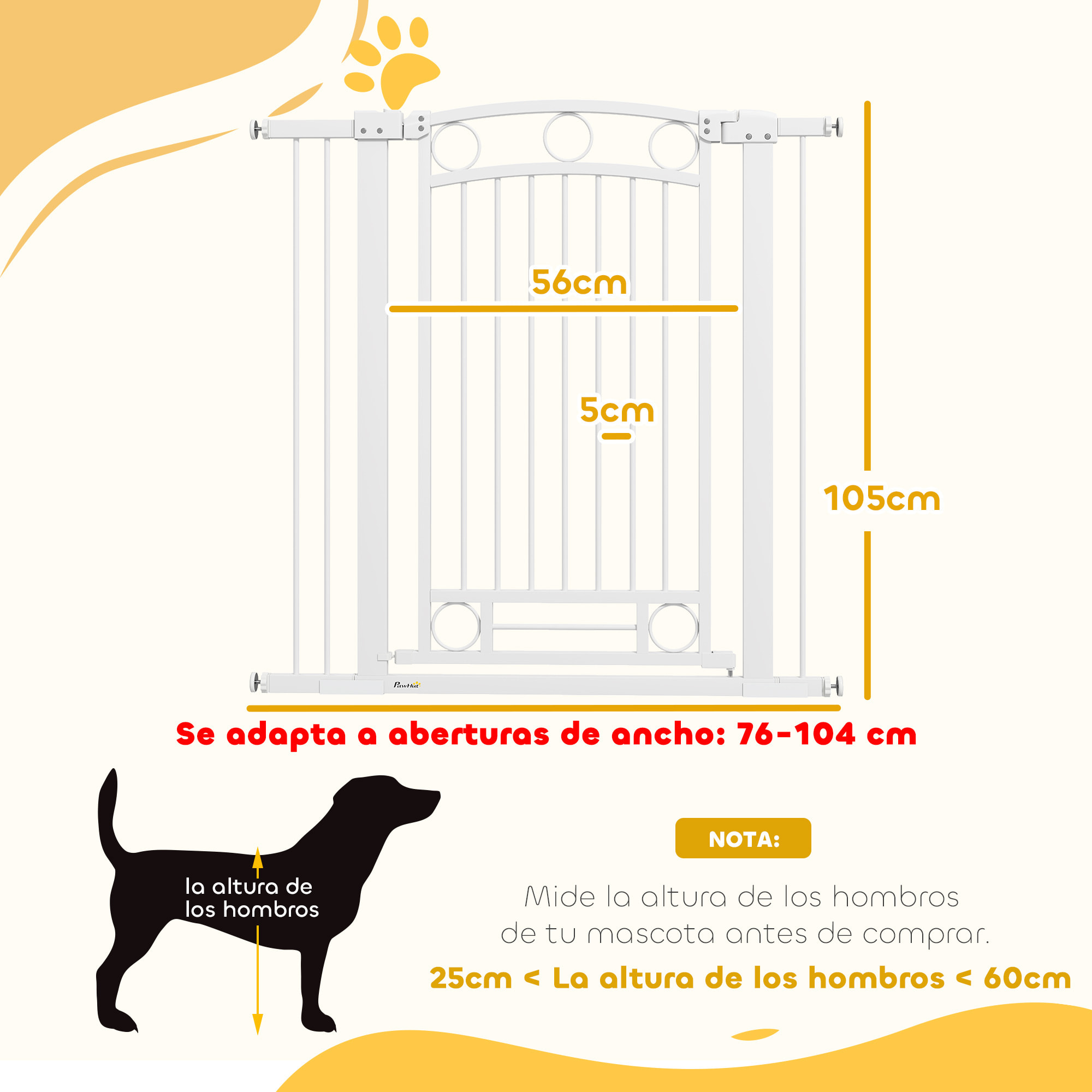 Barrera para Perros Puerta para Perros con Ancho Ajustable 76-104 cm Barrera de Seguridad para Perros Altura 105 cm con 2 Extensiones para Escaleras y Puertas Blanco