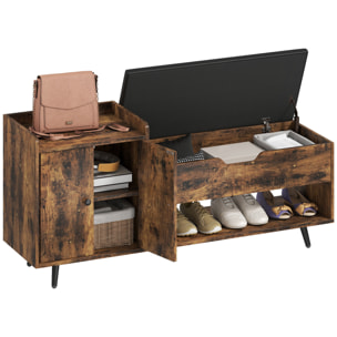 Banco Zapatero, Banco Recibidor Industrial, con Asiento Acolchado, Compartimento Oculto, Estantes, Puertas, Estante Abierto para 3 Pares de Zapatos, para Entrada, 127x35x59 cm, Marrón Rústico