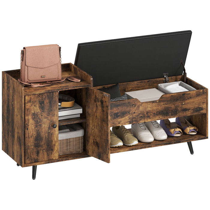 Banco Zapatero, Banco Recibidor Industrial, con Asiento Acolchado, Compartimento Oculto, Estantes, Puertas, Estante Abierto para 3 Pares de Zapatos, para Entrada, 127x35x59 cm, Marrón Rústico