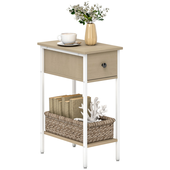 Mesa Auxiliar Estrecha Mesita Auxiliar Industrial con Cajón Estante Abierto y Estructura Metálica para Salón Dormitorio 25x39,8x58,2 cm Natural