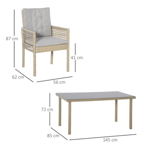 Conjunto de Muebles de Comedor para Jardín 7 Piezas 1 Mesa de Vidrio y 6 Sillas de Ratán con Respaldo Transpirable y Cojines Acolchados para Terraza Exterior Gris y Natural