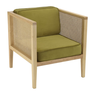 AGATHE - Fauteuil cannage assise amovible velours vert