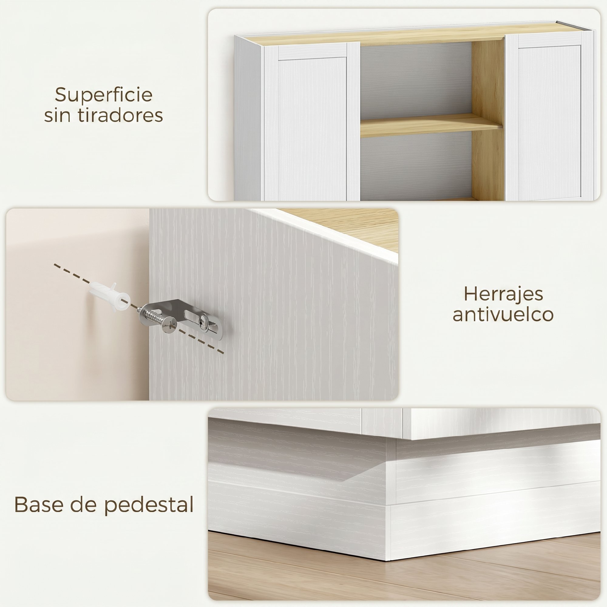 Aparador, Armario de Cocina Moderno con 2 Estantes Abiertos y 2 Puertas de Cierre Suave, Mueble de TV para 60 Pulgadas, Aparador para Salón, Comedor, 133x35x79,7 cm, Madera Natural y Blanco