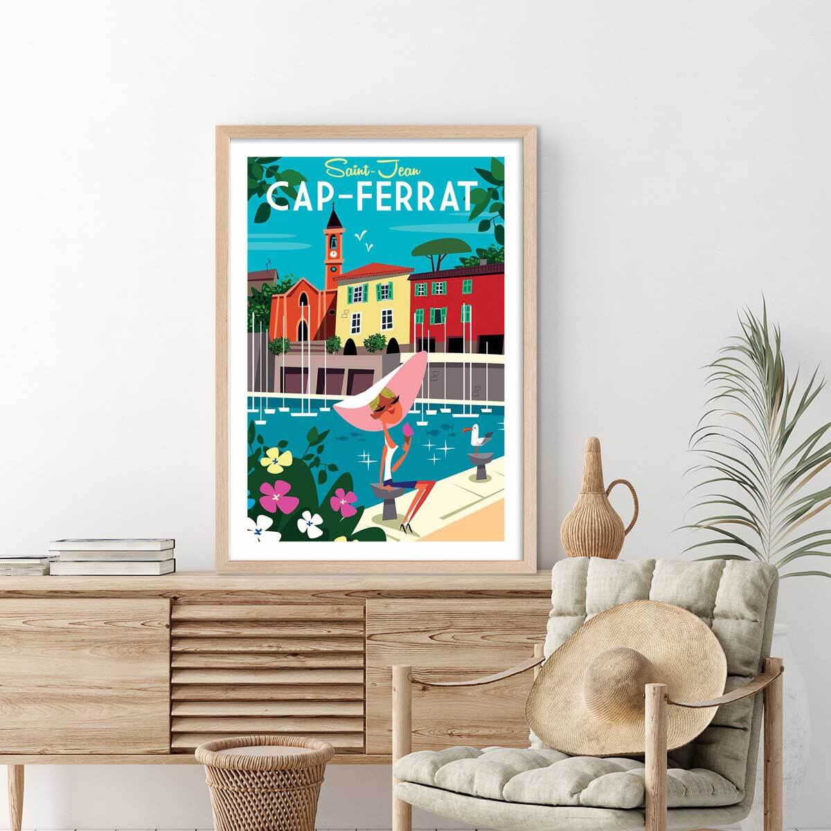 Poster du cap ferrat Affiche + cadre en bois - Chêne