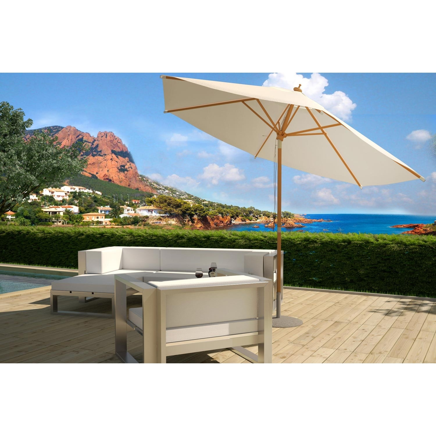 DANINE Parasol droit et inclinable en bois diamètre 3m écru