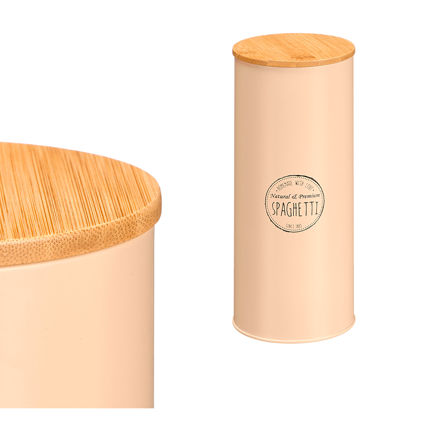 Tarro alto beige con tapa de bambú. Diseño "Spaghetti".