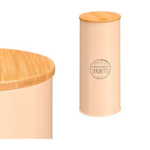 Tarro alto beige con tapa de bambú. Diseño "Spaghetti".