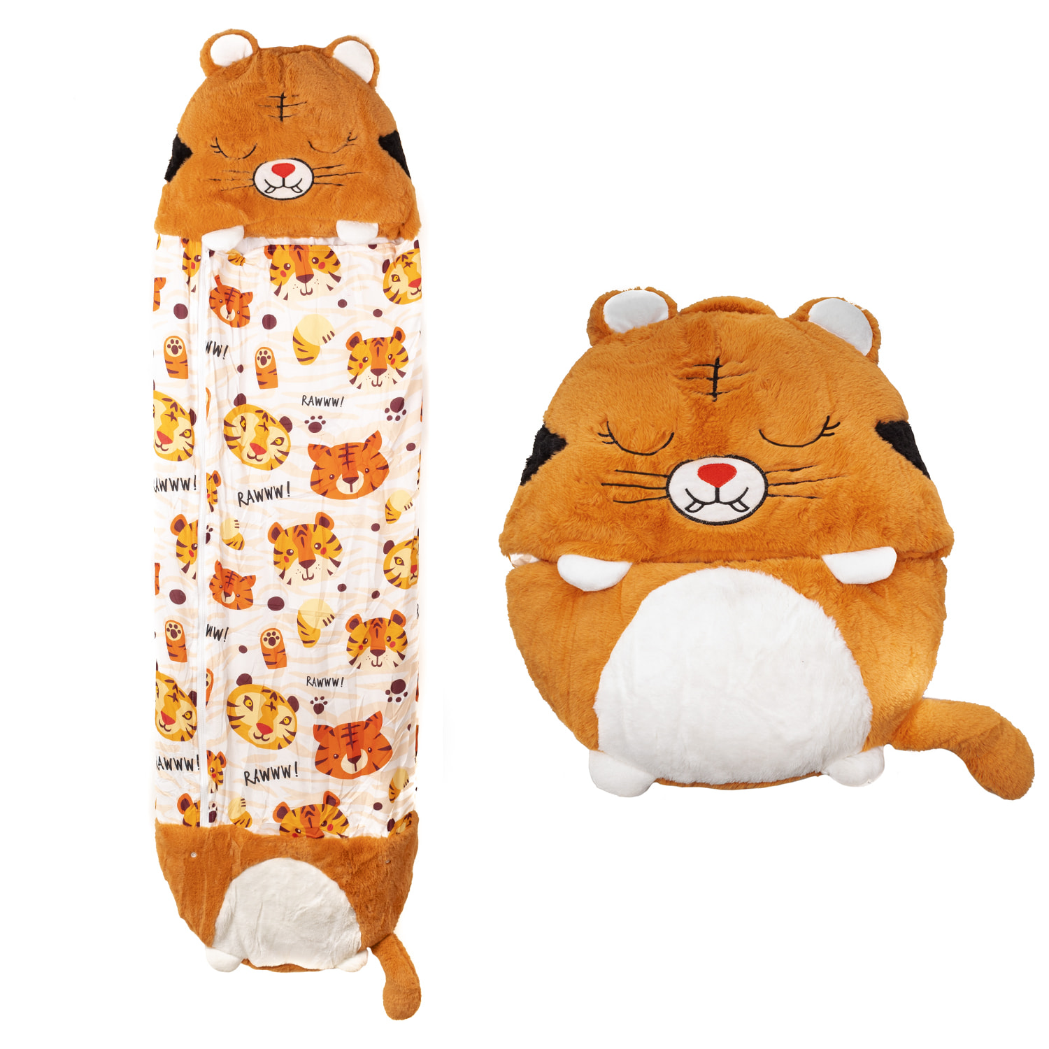 Saco de dormir convertible en almohada, para niños, Tigre. Tacto peluche. Pequeño / S: 135x50cm.