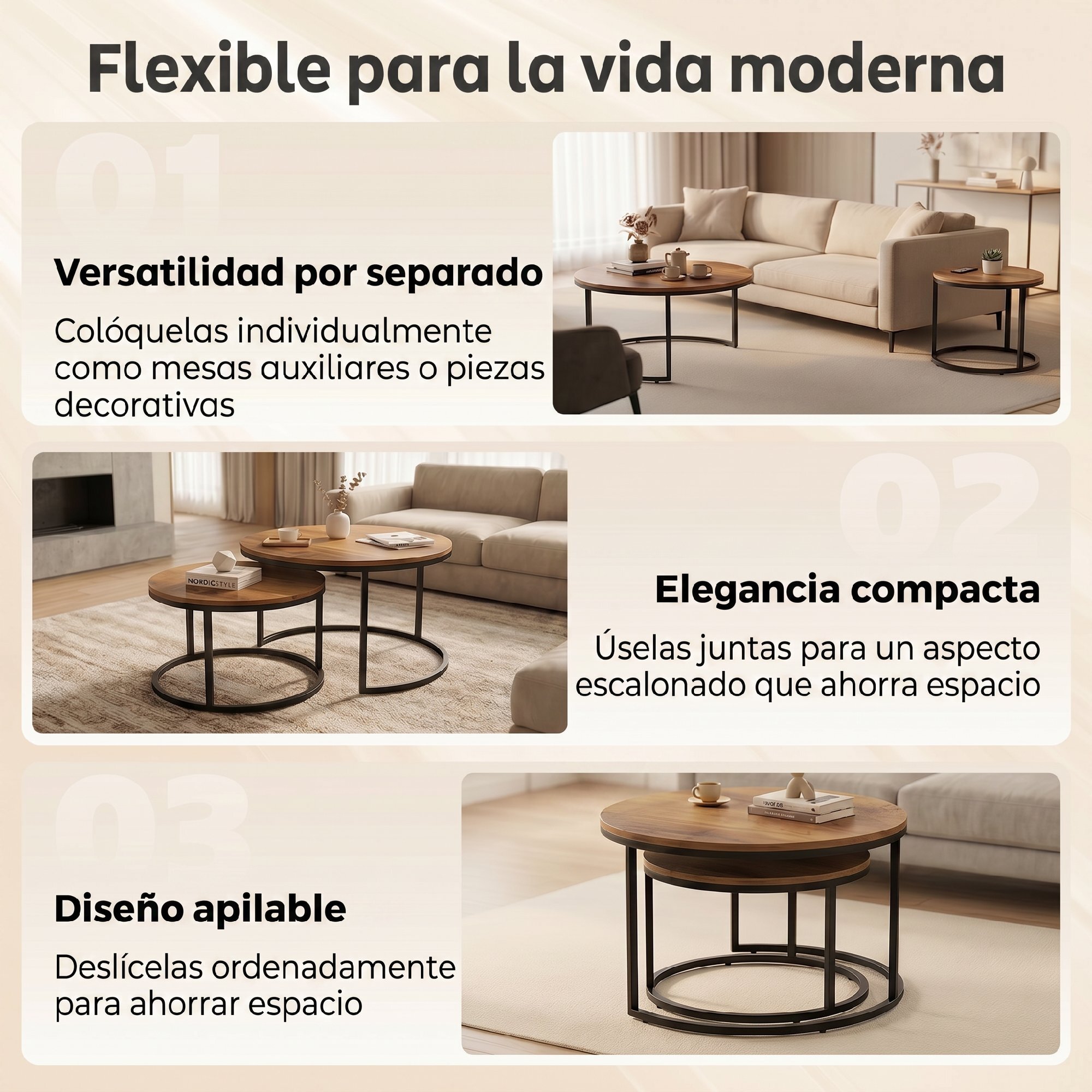 HOMCOM Set de 2 Mesas de Centro Redondas, Mesas Nido Industriales con Estructura Metálica para Salón, Dormitorio u Oficina, 60x60x 45 cm, Marrón