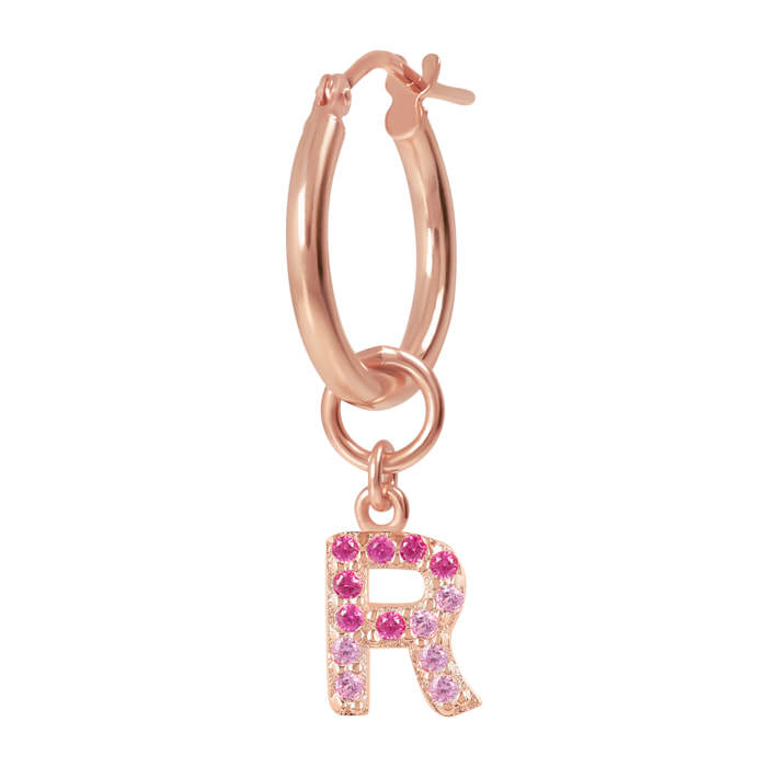 Orecchino a Cerchio con Ciondolo Lettera R in Pavé di Cubic Zirconia Rosa