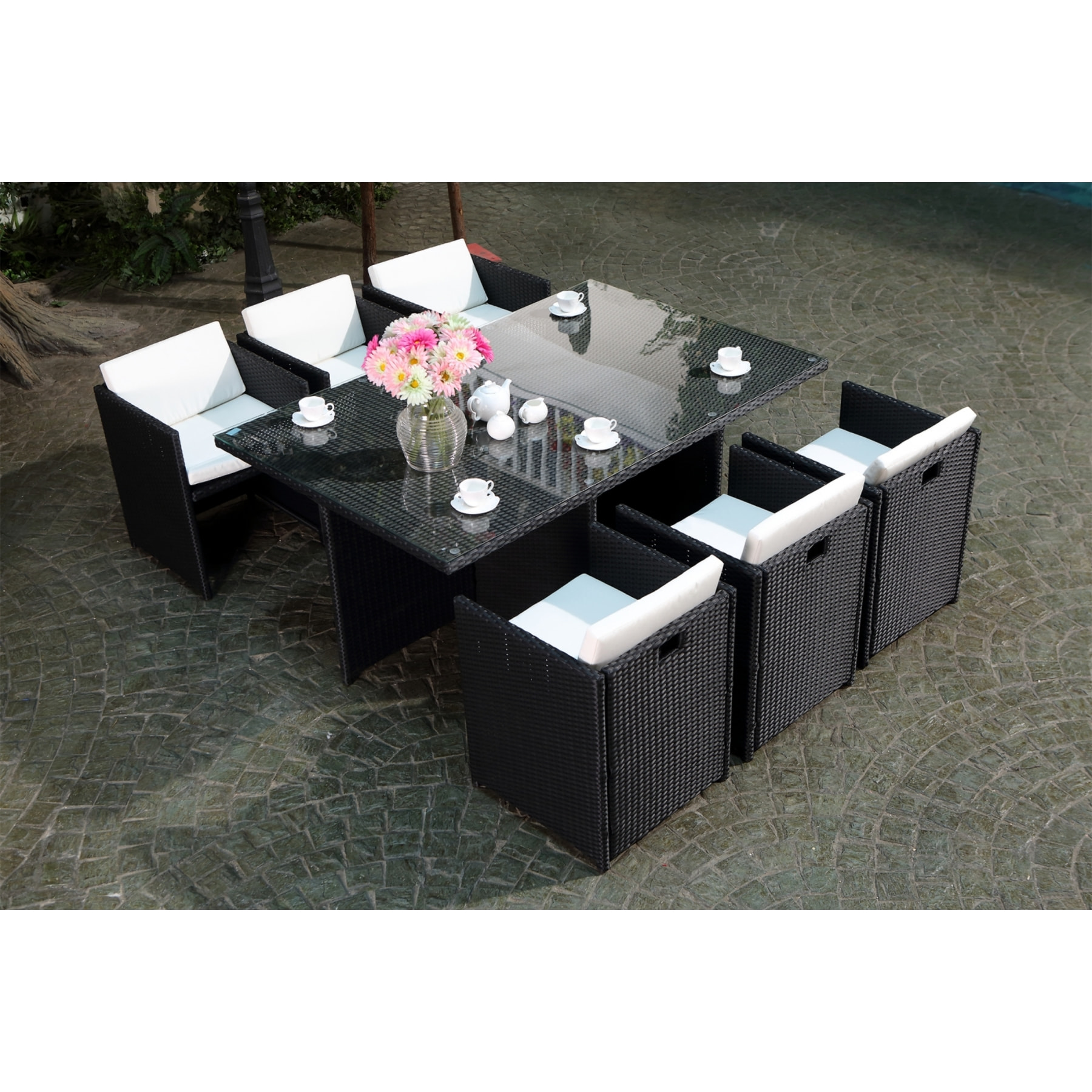 Salon de jardin 6 places noir-blanc + housse de protection REGINA