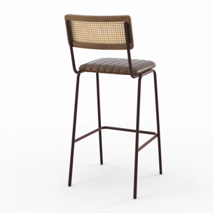 Lot de 2 chaises de bar 76 cm en cannage et cuir marron - Arsène