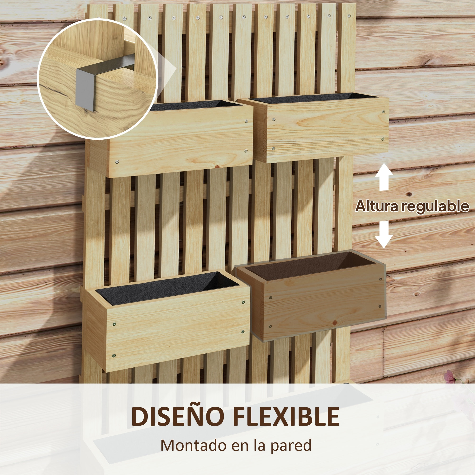 Jardinera de Pared con Enrejado, Jardinera Exterior Grande de Madera con 5 Macetas Móviles, Tela no tejida y Orificios de Drenaje, para Exterior, Jardín, Terraza, Patio, 60x16x100 cm, Natural