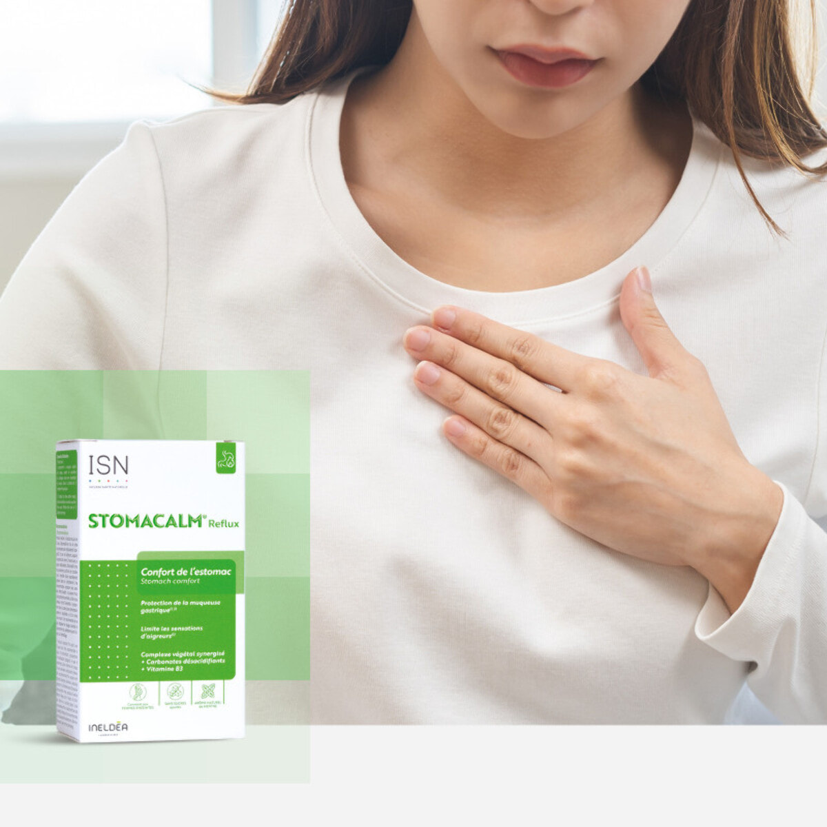 ISN - Stomacalm Reflux - Complément alimentaire à base d'actifs d'origine naturelle - Confort de l'estomac - Convient aux femmes enceintes - 20 comprimés à croquer