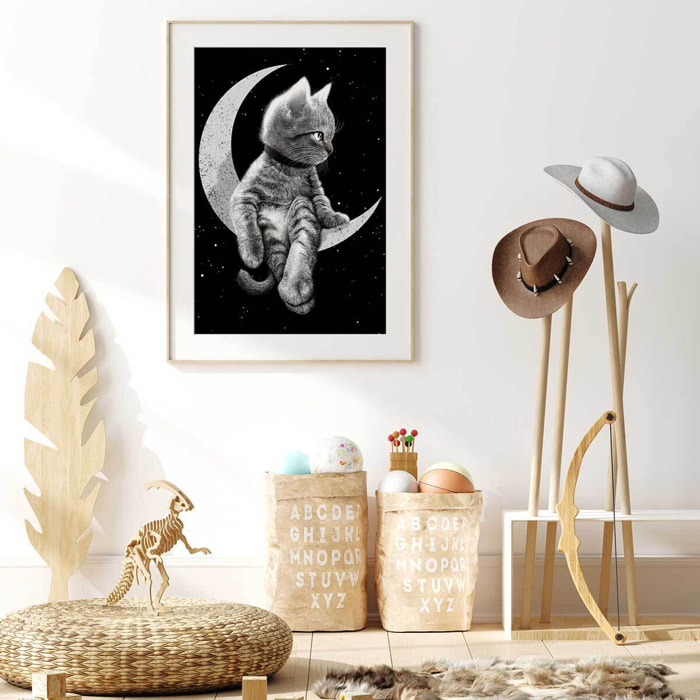 Affiche enfant chat rêveur  Affiche + cadre en bois - Chêne