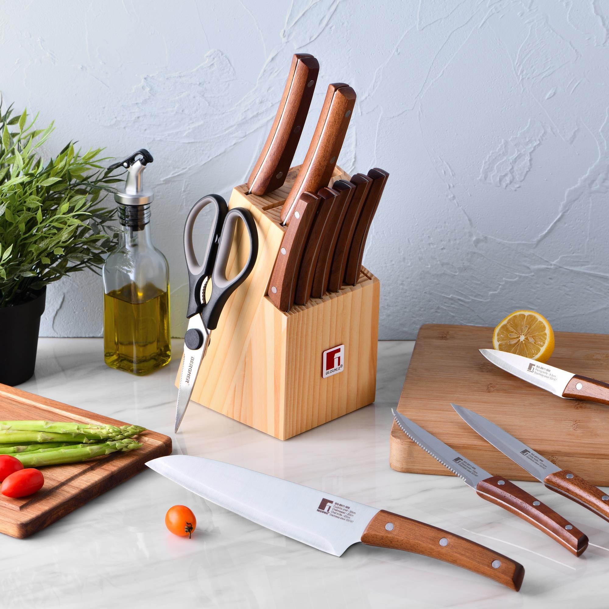 Juego de 11 Cuhillos + Tijeras en acero inoxidable + Tacoma de madera Nature Bergner