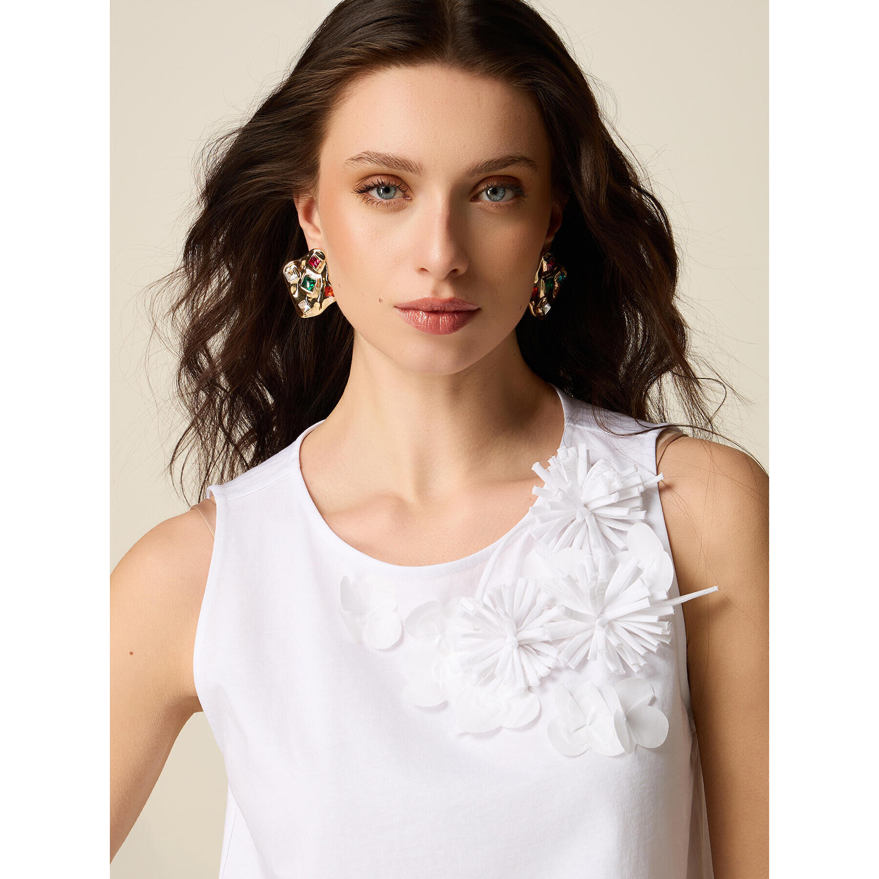 Oltre - Top in cotone con applicazioni floreali - Bianco