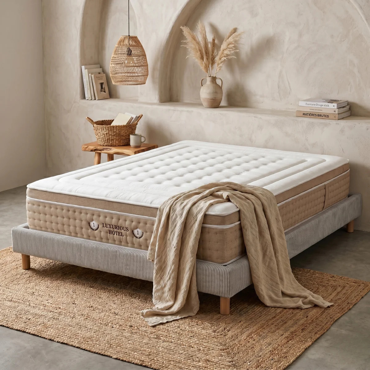 Ensemble matelas Bali & sommier Cancun | Mémoire de forme et ressorts ensachés | Cadre à lattes | Velours côtelé | Gris clair