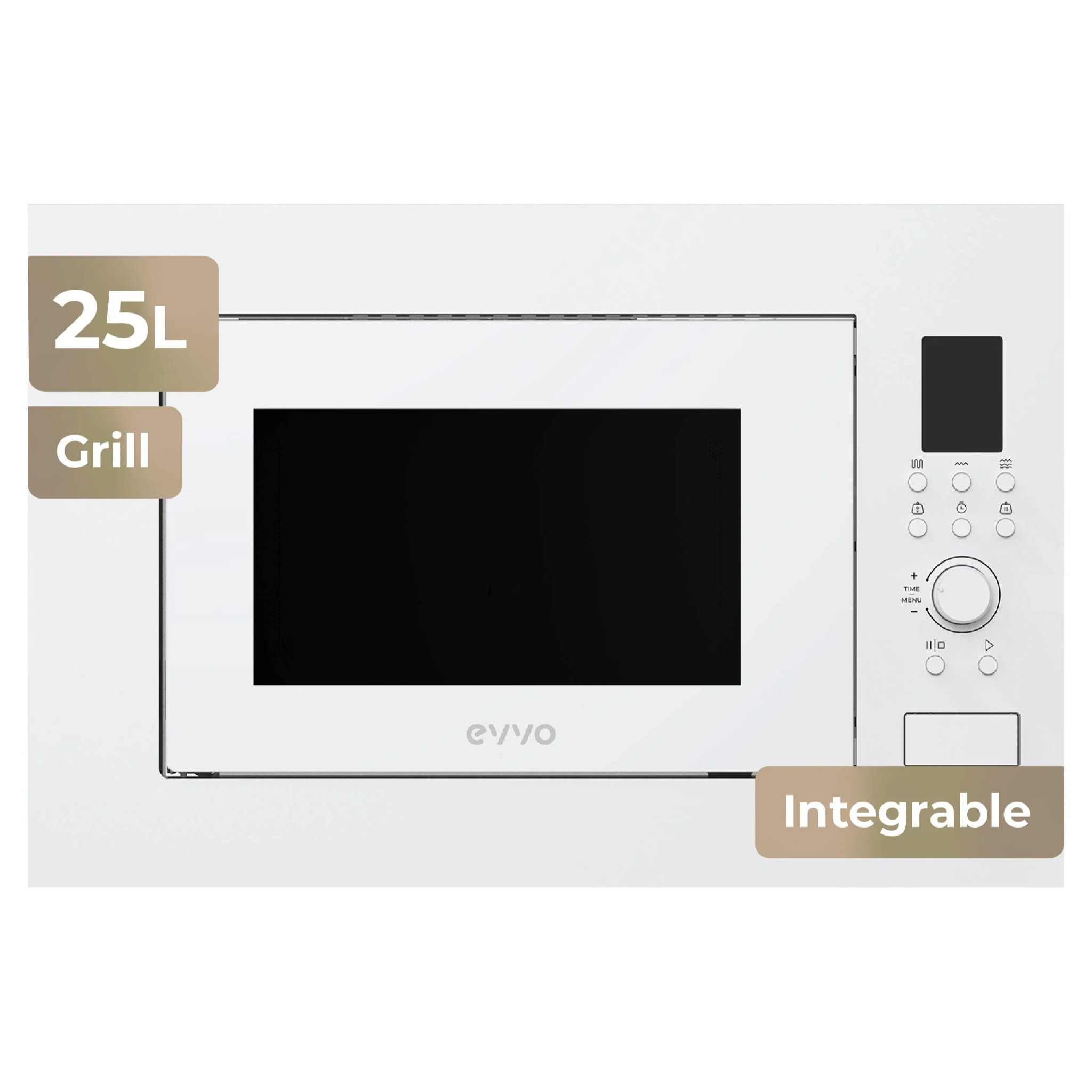EVVO Microondas integrable Mi40 White, 25L , Grill 1000W, Efecto Brillante, Multifunción, Función Descongelar, Temporizador