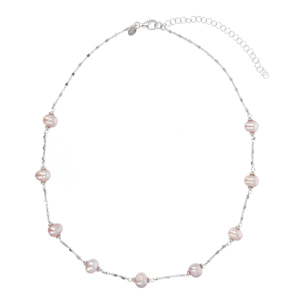 PERLAVIVA - Collana Catena a Cubetti in Argento 925 con Perle d'Acqua Dolce Rosa Ø 6/8 mm