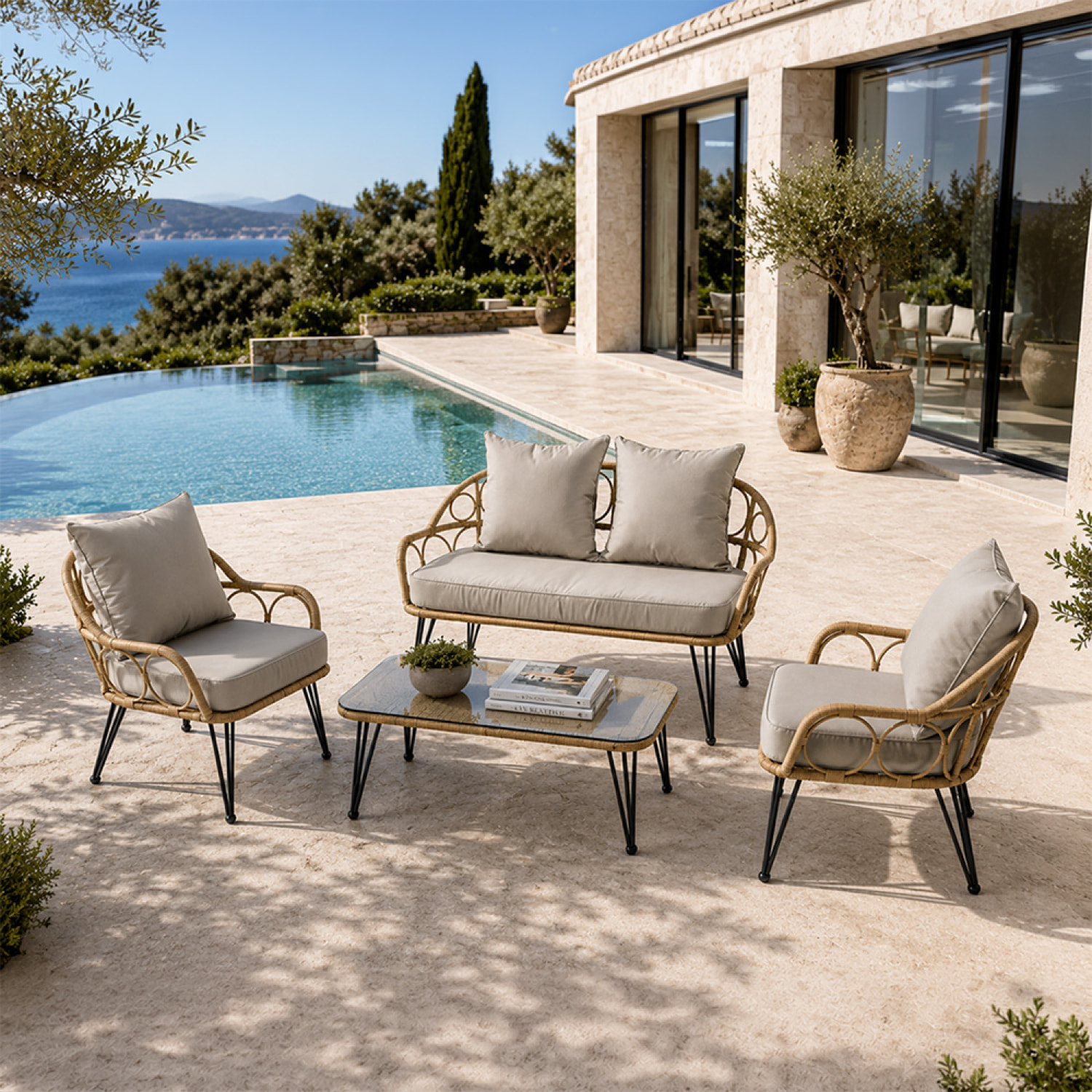 Salon de jardin 4 places avec table basse effet rotin naturel ALMADA