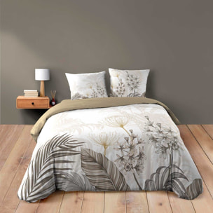 Parure de lit 3 pièces coton motif feuillage floral housse + 2 taies - Blanc
