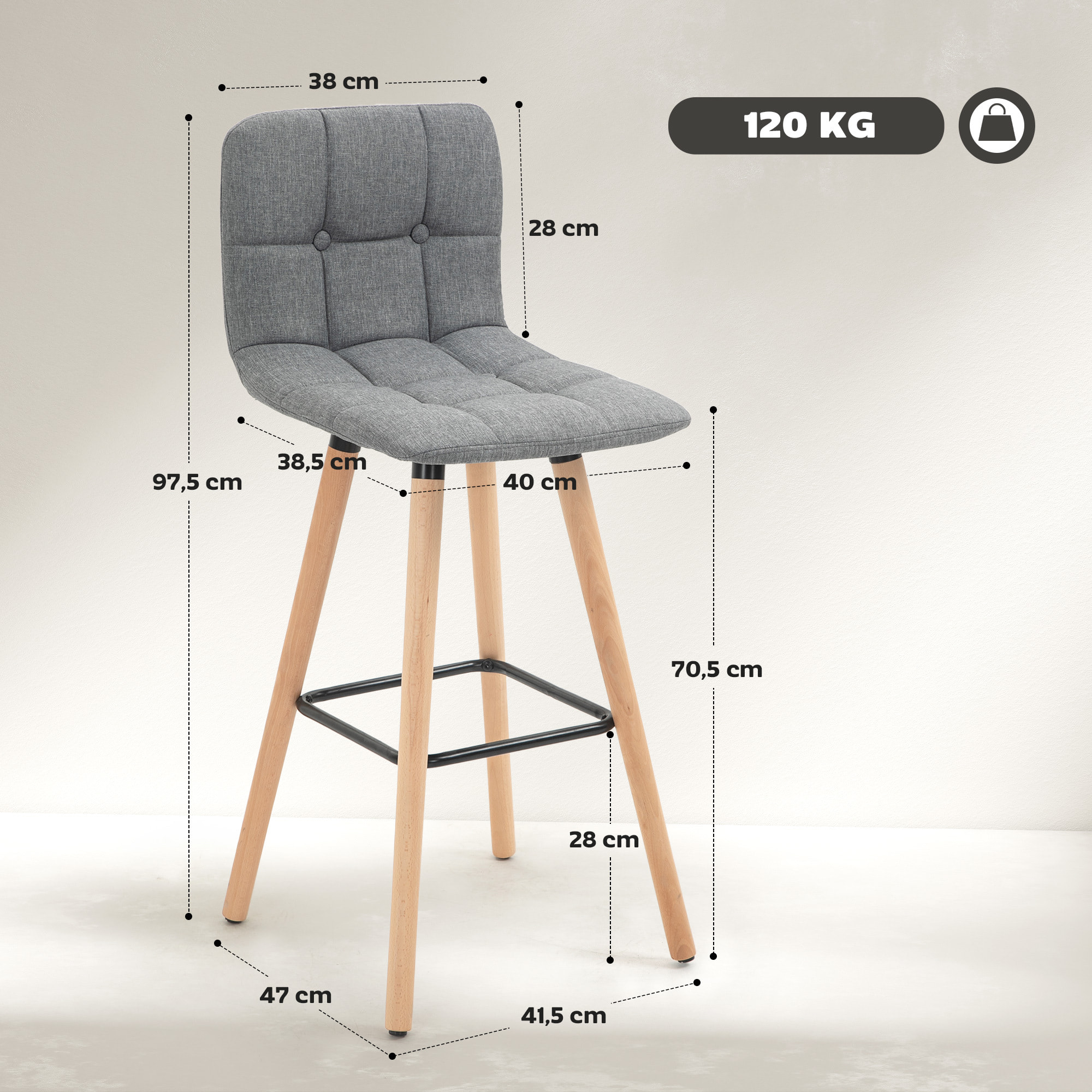 Lot de 2 tabourets de bar style scandinave effet capitonné - chaises de bar - bois effet lin gris
