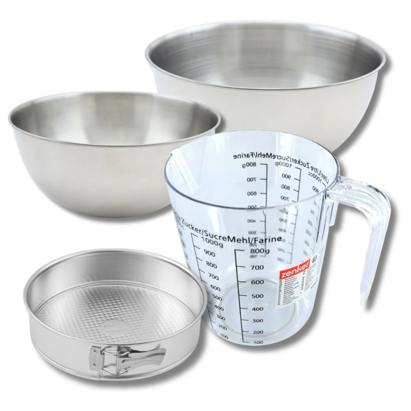 Set pâtisserie avec moule à manqué, 2 bols à mixer, verre mesureur et spatule Zenker