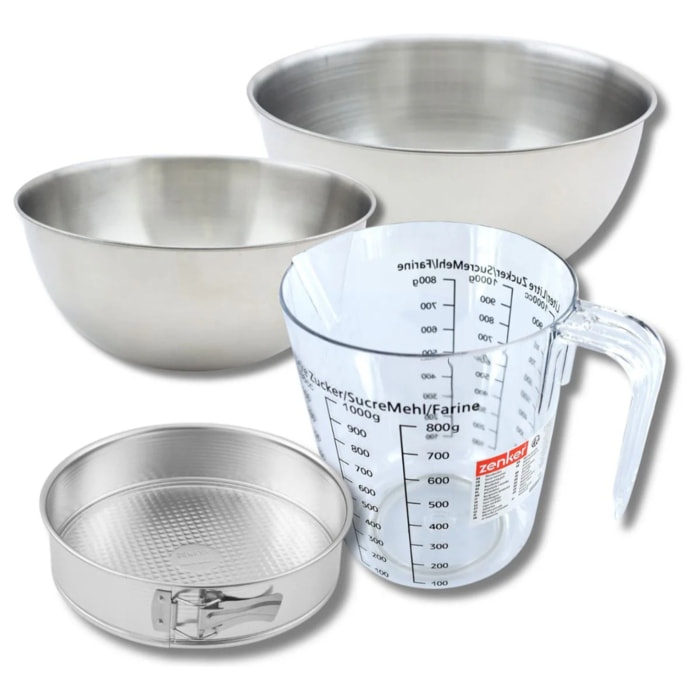Set pâtisserie avec moule à manqué, 2 bols à mixer, verre mesureur et spatule Zenker