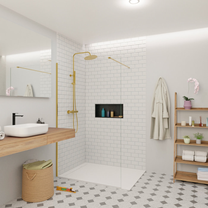 Walk-in 120x200cm Paroi en verre Crystal Glass® 8 mm anticalcaire, avec bras et profilés or (SATBWI120PRZ)
