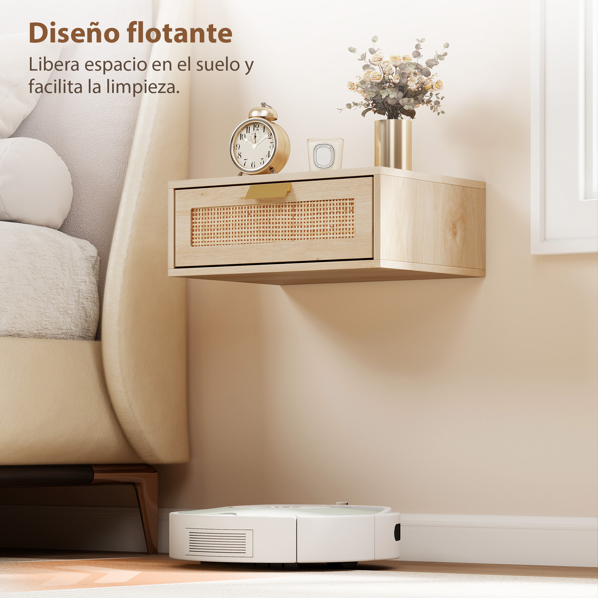 Juego de 2 Mesitas de Noche Flotantes, Mesillas de Noche Dormitorio con Cajón de Ratán, Ahorra Espacio, Diseño Moderno, para Sala de Estar, 40x30x15 cm, Roble