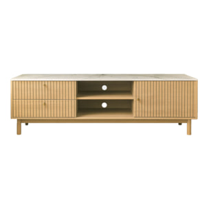 TOMAR Meuble TV aspect bois rainuré et marbre avec tiroirs et placard 150cm