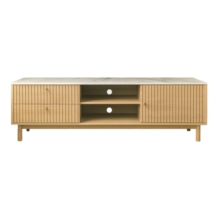 TOMAR Meuble TV aspect bois rainuré et marbre avec tiroirs et placard 150cm