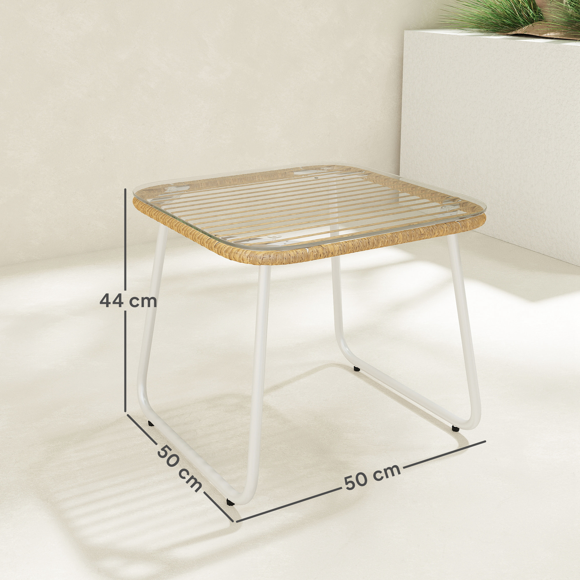 Mesa de Jardín de Ratán Sintético Mesa para Exterior con Encimera de Vidrio Templado y Patas Ajustables Mesita Auxiliar para Patio Terraza Balcón Natural y Blanca