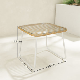 Mesa de Jardín de Ratán Sintético Mesa para Exterior con Encimera de Vidrio Templado y Patas Ajustables Mesita Auxiliar para Patio Terraza Balcón Natural y Blanca