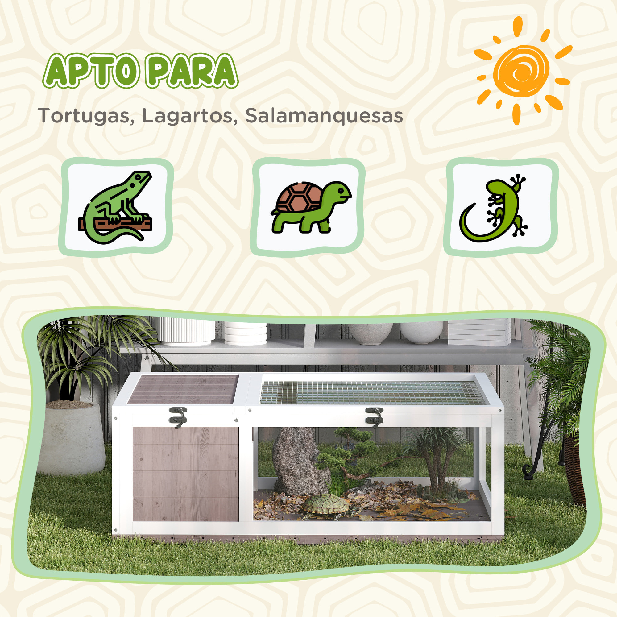 Casa para Tortugas de Madera, Terrario para Reptiles con Techo de Malla Abrible, Paneles Laterales Transparentes Extraíbles y Pestillo de Seguridad, 91x60,5x32 cm, Marrón Grisáceo