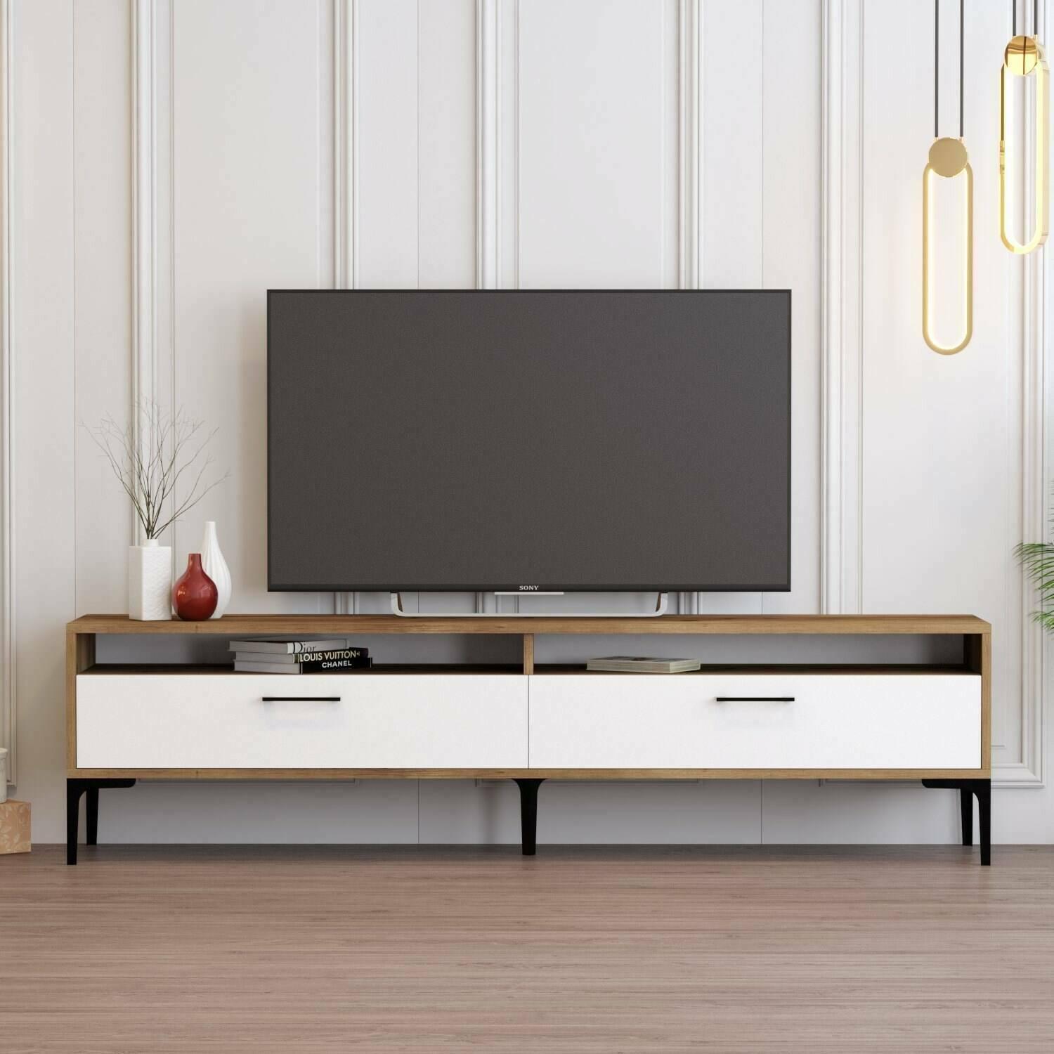 Mobile porta TV Dkumbull, Credenza da soggiorno, Armadio basso per TV, Base parete attrezzata, 47x35h180 cm, Noce e Bianco