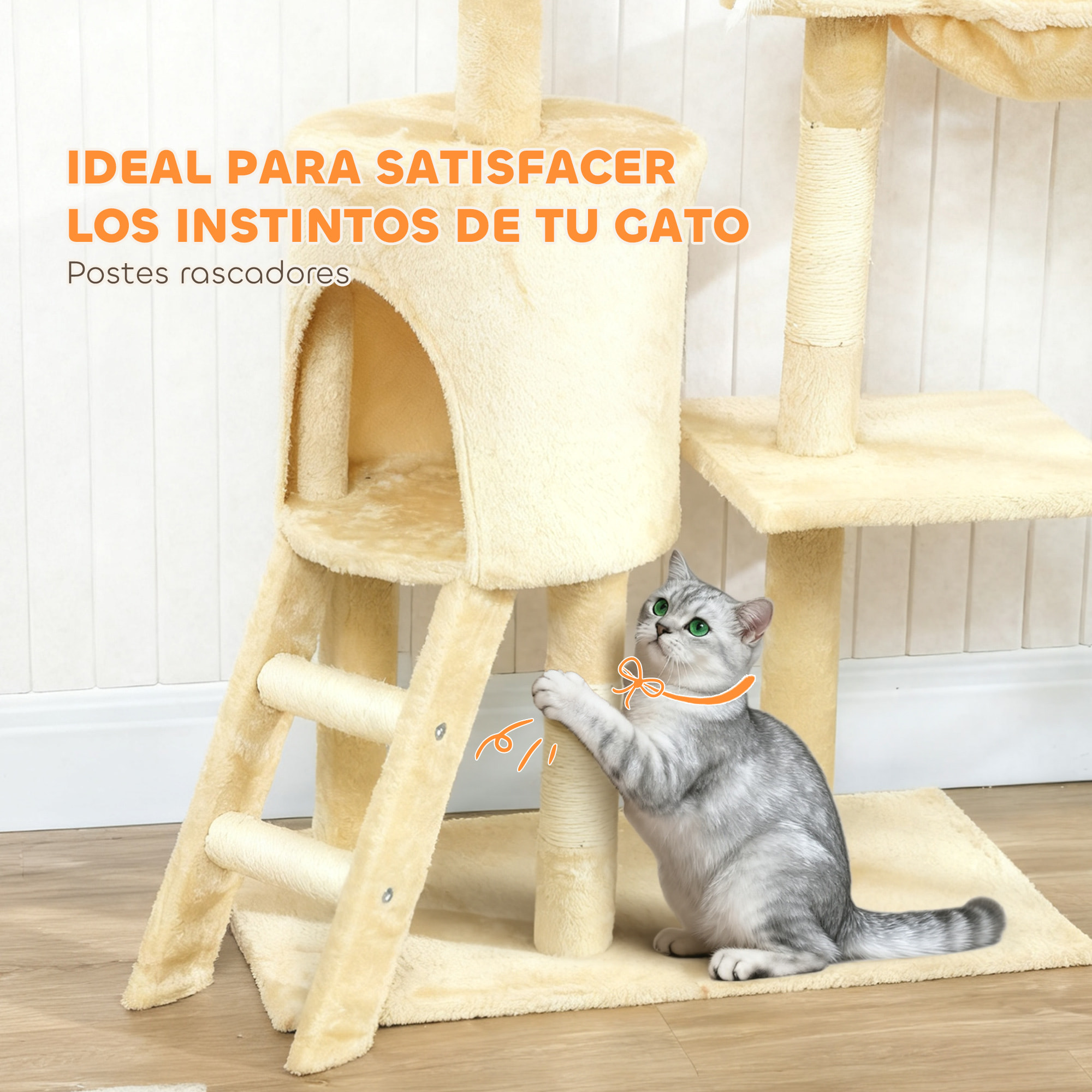 Árbol Rascador para Gatos Grande, Árbol para Gatos, Altura 134 cm, Torre de Escalada con 6 Postes de Sisal, 3 Plataformas, 1 Cueva, 1 Hamaca, 1 Escalera, 4 Juguetes Colgantes, Beige