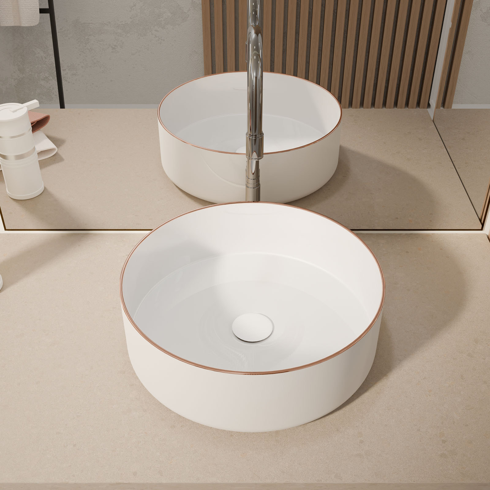 Vasque à poser ronde en céramique - Diamètre 36cm - Hauteur 12cm - Blanc et Liseré Or Rose