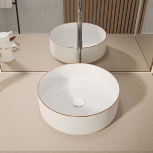 Vasque à poser ronde en céramique - Diamètre 36cm - Hauteur 12cm - Blanc et Liseré Or Rose